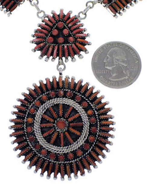 Silver Jewelry Red Oyster Shell Needlepoint Link Necklace Set PX37832